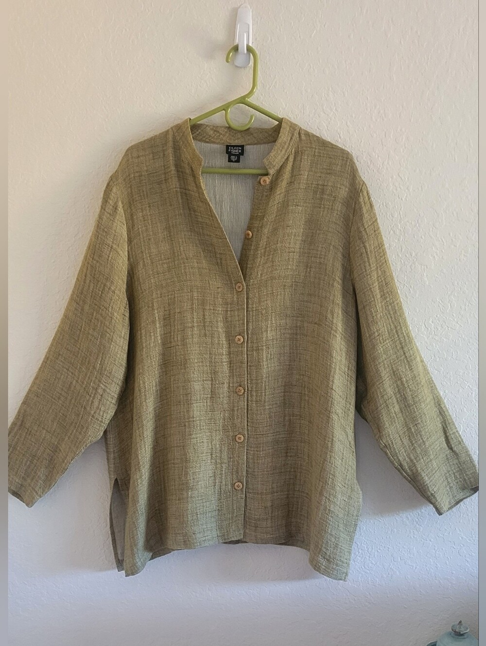 Eileen Fisher Light Olive Linen Blend Button-Front Tunic Jacket.